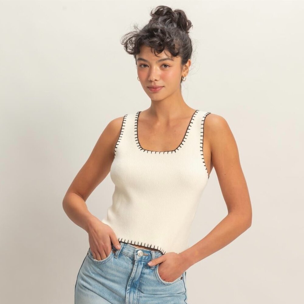 OUT OF THE ORDINARY WHITE CONTRAST STITCH TANK TOP
